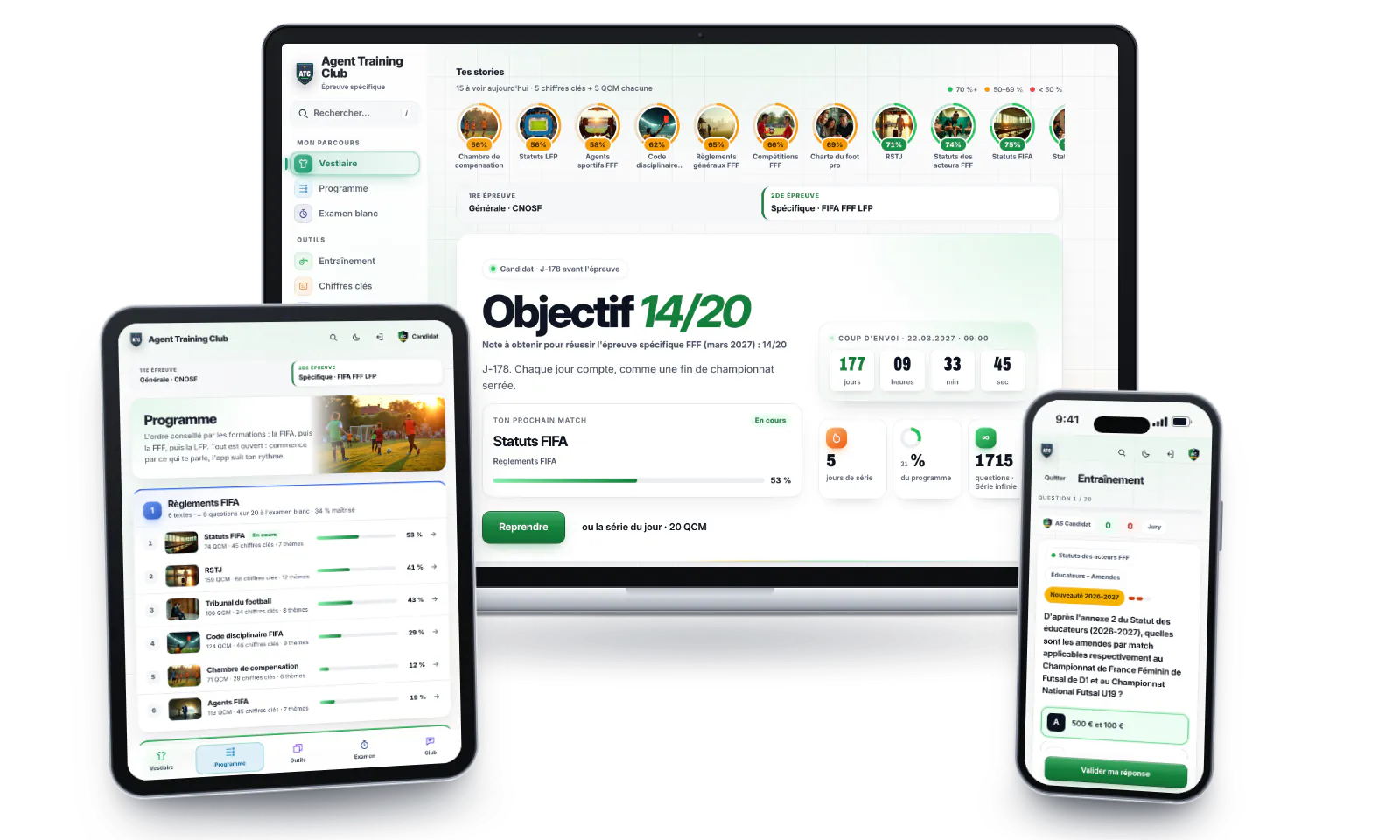 L'app Agent Training Club ouverte sur un ordinateur portable (tableau de bord et objectif 14/20), une tablette (programme et progression par texte) et un téléphone (QCM en cours).