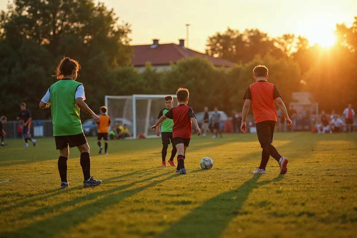 Jeunes joueurs en chasubles sur un terrain d'entraînement en herbe, au coucher du soleil, devant un but