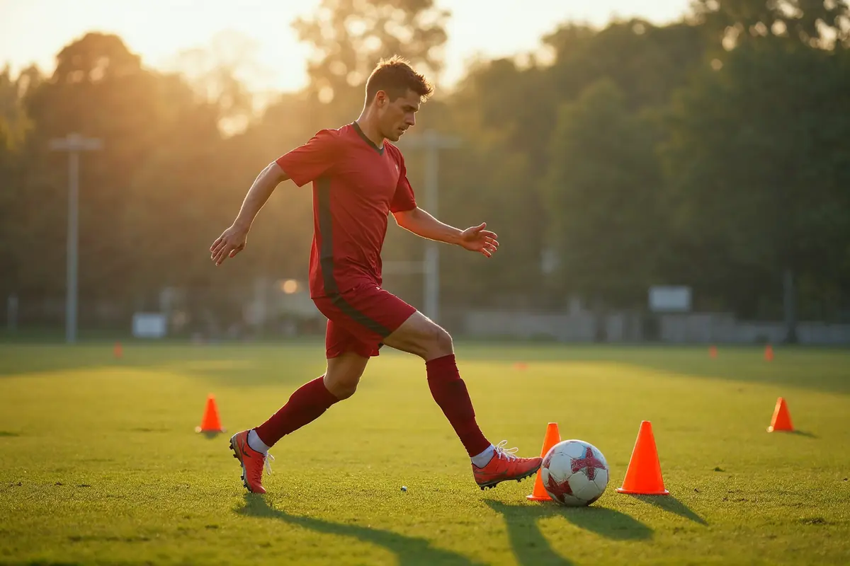 Un joueur en tenue rouge conduit un ballon entre des plots orange sur un terrain d'entraînement, au coucher du soleil